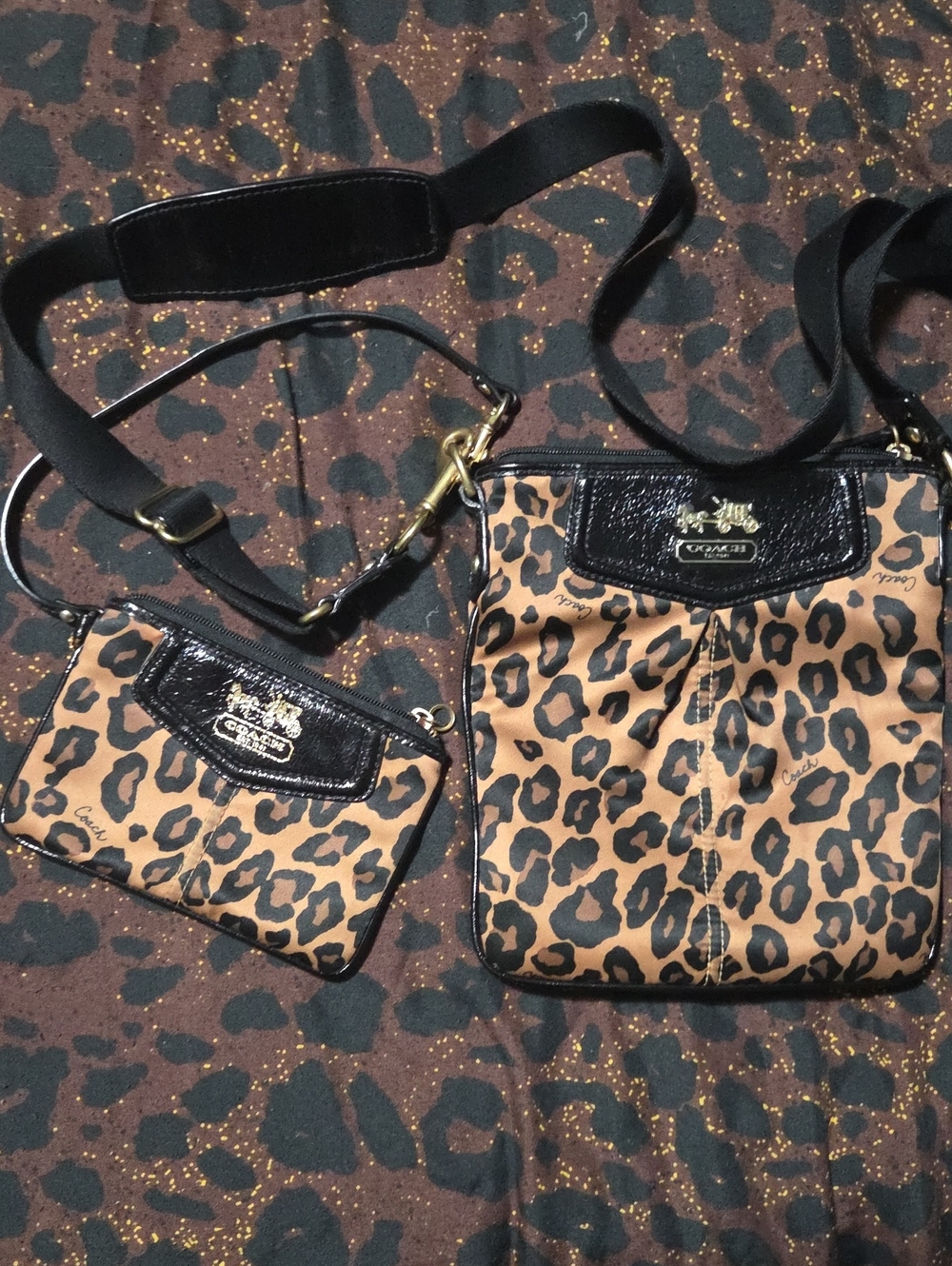 Coach Leopard Print Crossbody with Matching Wristlet - Brown/Black